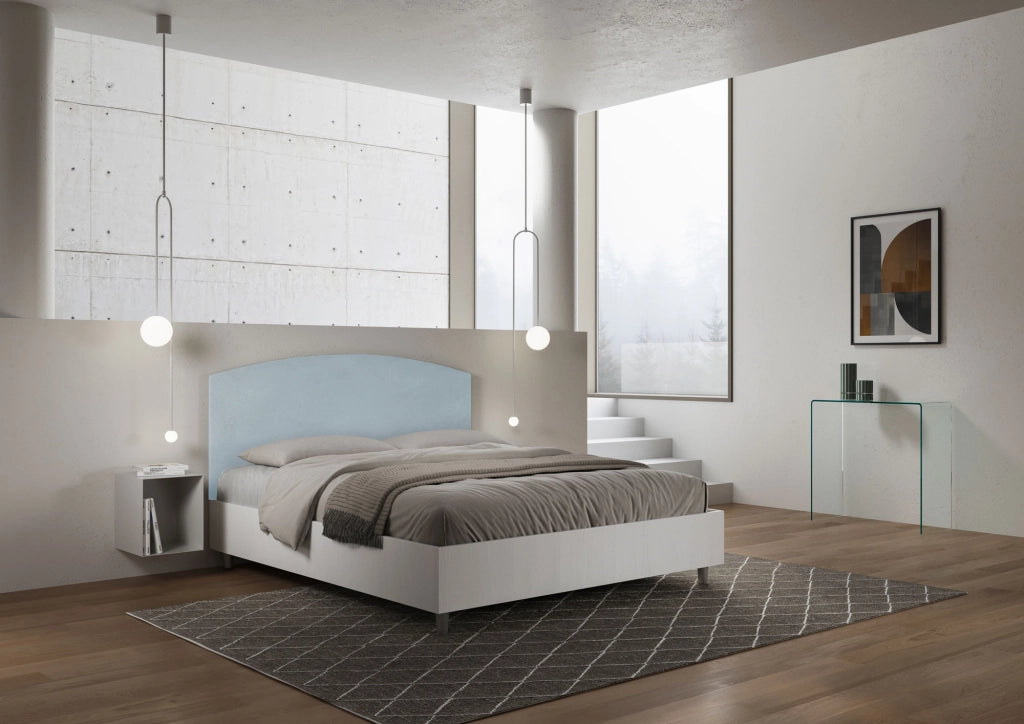 Letto Matrimoniale 160x200 cm con Rete e Contenitore Alzata Comoda Struttura Bianco Frassico e Testata in Microfibra