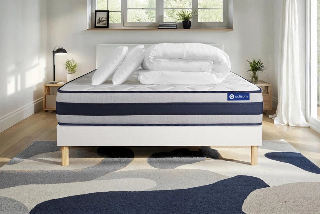 Pacchetto letto completo - Materasso 140x200cm + Box spring con doghe (in kit) + 2 cuscini + Piumino - Actimemo Ergo