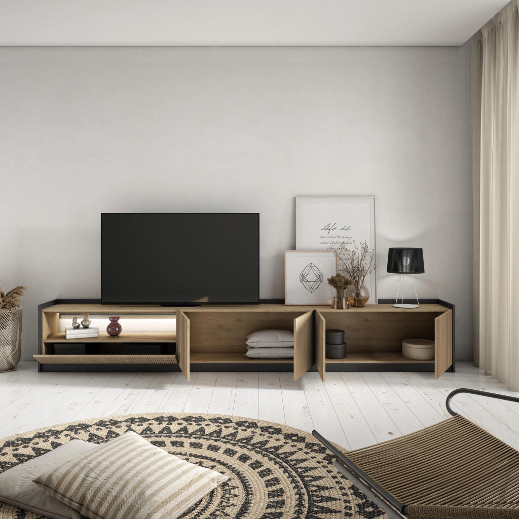 Mobile TV Soggiorno, 310x50x37 cm, Per TV fino a 80", Led, Rovere e nero