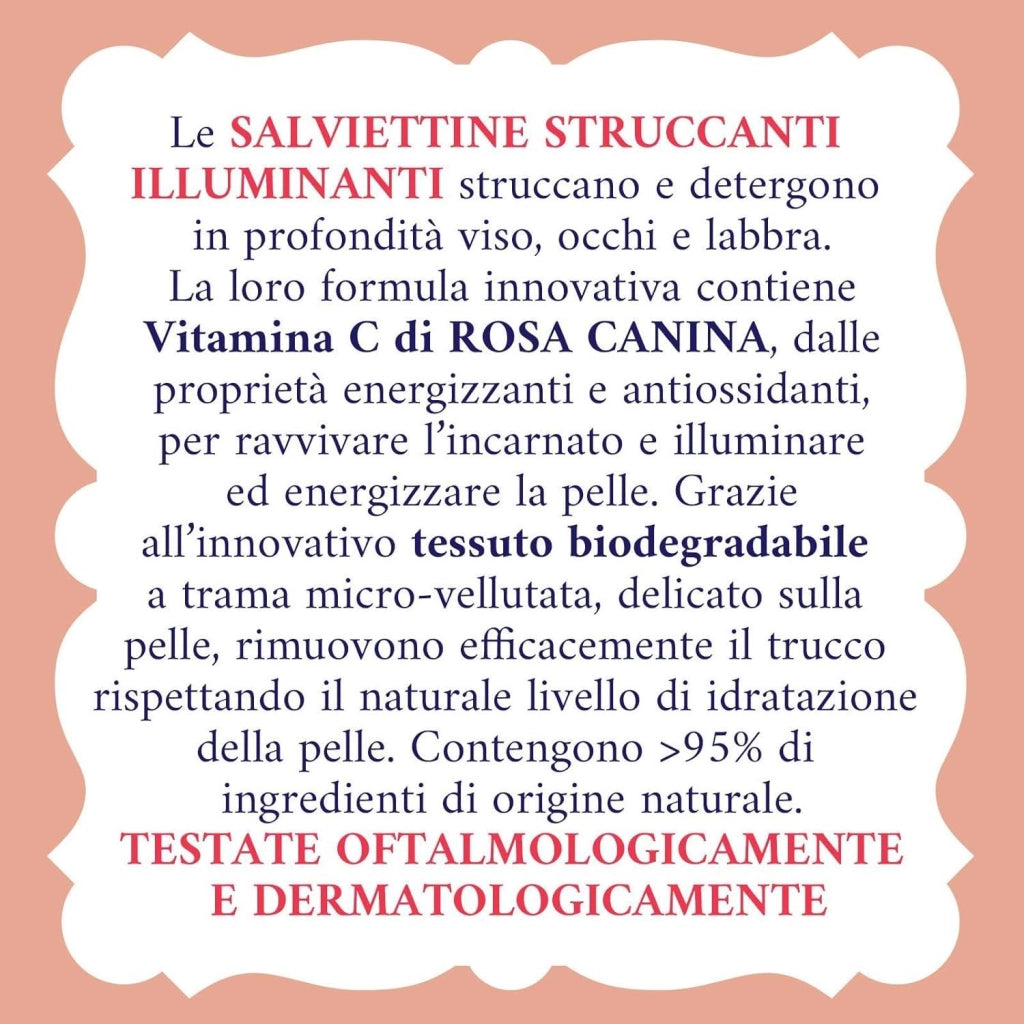 ACQUA ALLE ROSE SALVIETTINE STRUCCANTI ILLUMINANTI PER PELLI SPENTE E VITAMINA C DI ROSA CANINA VISO OCCHI E LABBRA 20 PZ