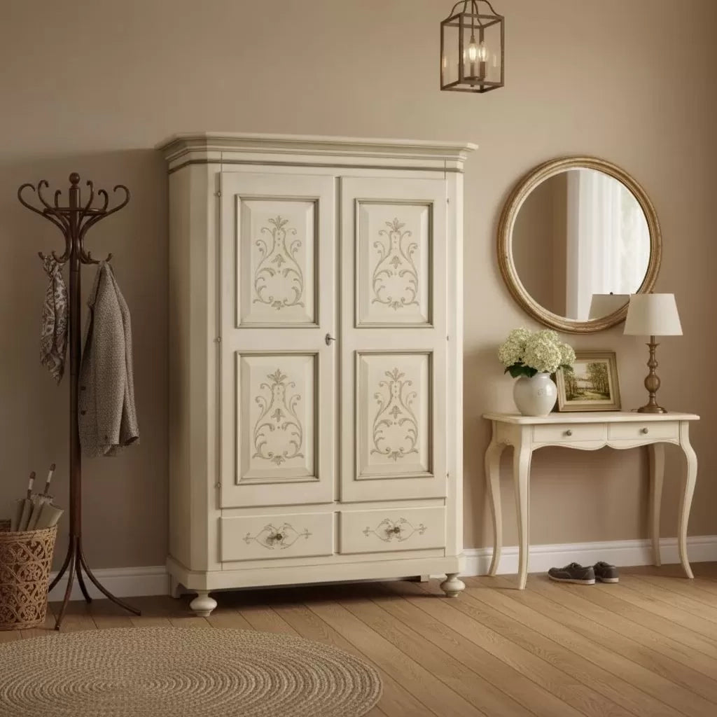 Armadio 2 porte classico in legno avorio shabby 135x63x203 (1467) - Mobili 2G
