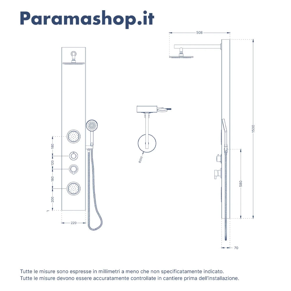 Pannello doccia 150x22cm in acciaio inox effetto cemento a 3 funzioni con doccino e flessibile | Bigar
