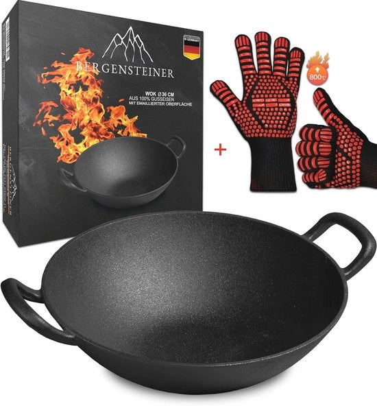 Wok in acciaio inossidabile 36 cm - Smaltato, per induzione e gas grill, inclusi guanti per barbecue