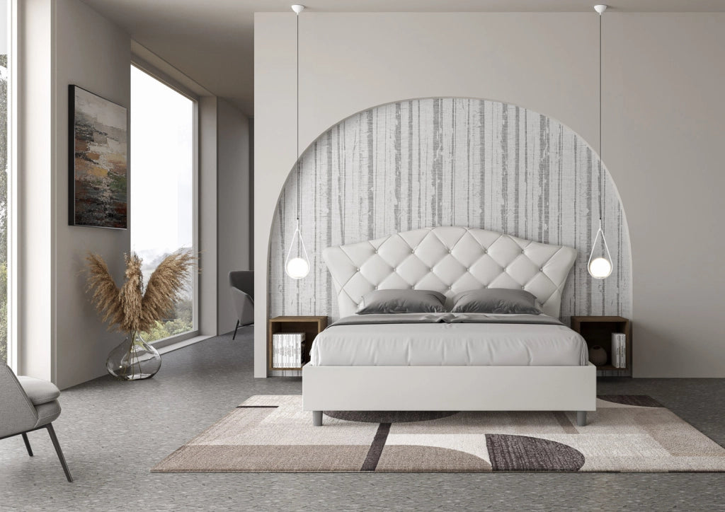 BS COM Letto matrimoniale contenitore doppia alzata imbottito 160x190 similpelle bianco