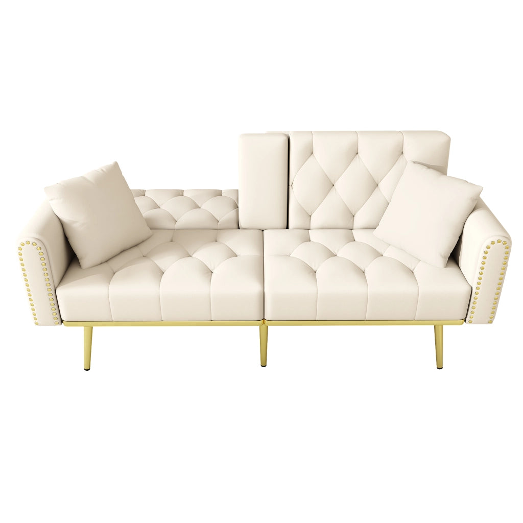 Divano letto multifunzionale in velluto beige 2 posti con schienale regolabile e portabicchieri