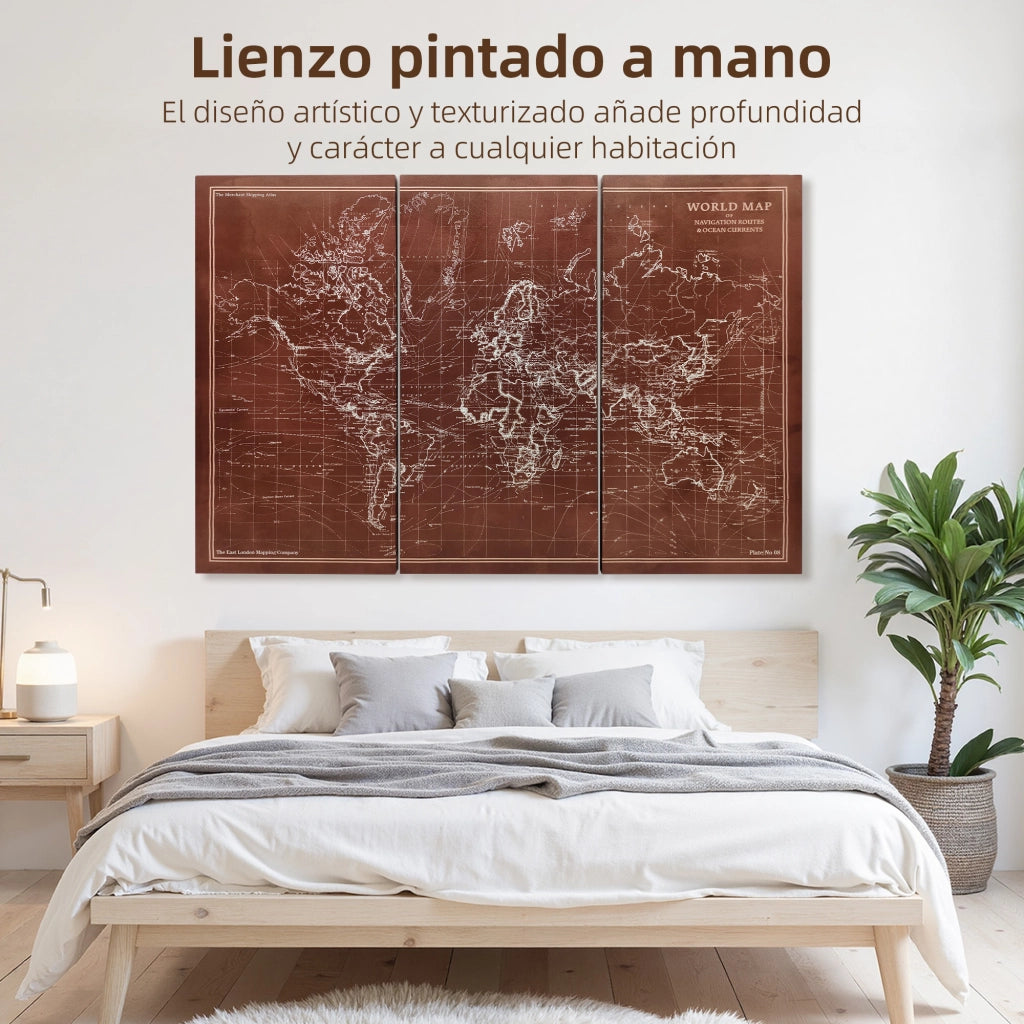 Quadro Triptico Mappamondo Vintage ¨C Zephmum ¨C 120x60 cm Marrone Legno