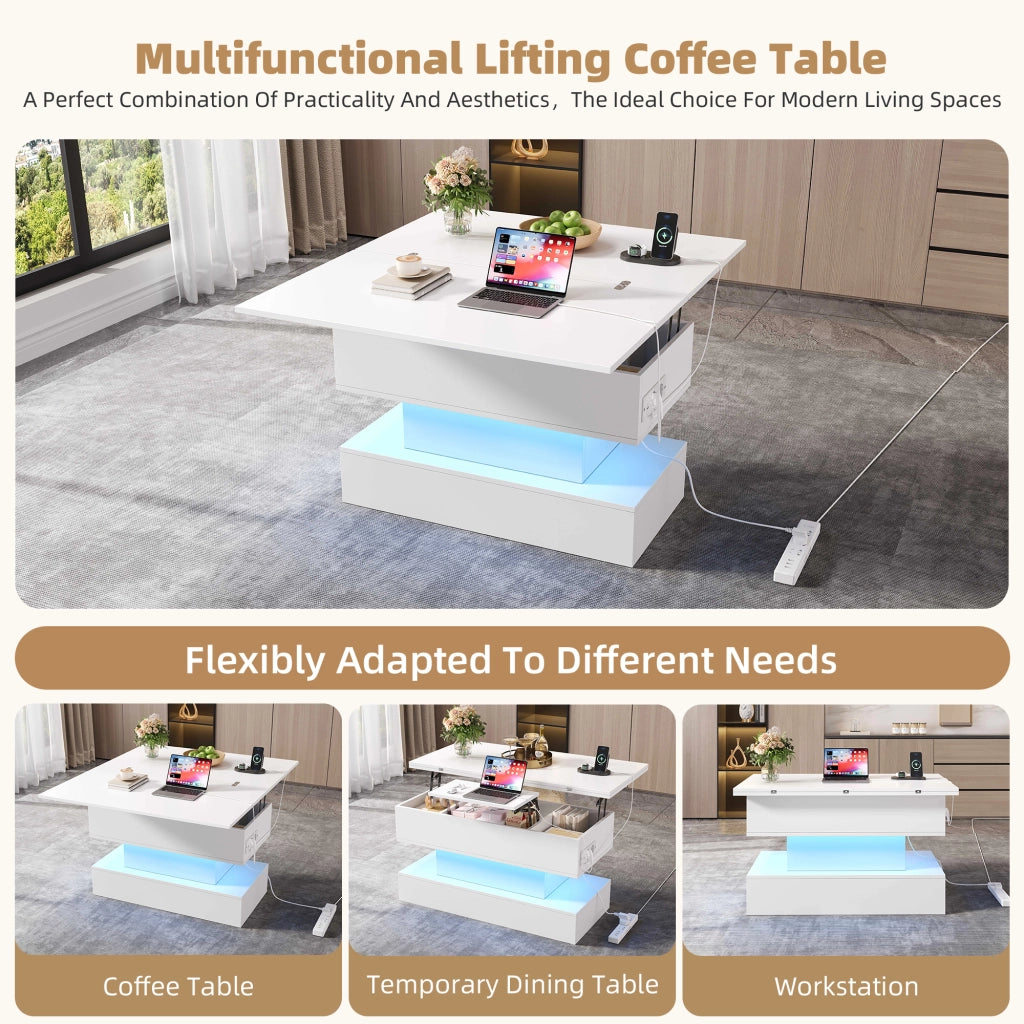 Tavolino da caffè alzabile con LED e vano contenitore - per soggiorno - in truciolare - 100x50x51.5 cm - bianco