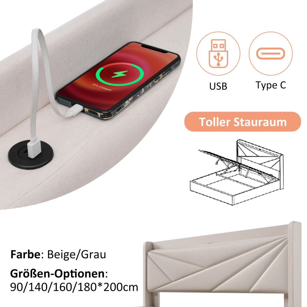 DESMIU Letto Contenitore Letto Matrimoniale con USB, Tipo C e Testiera Geometrica 140 × 200 cm Senza Materasso Beige