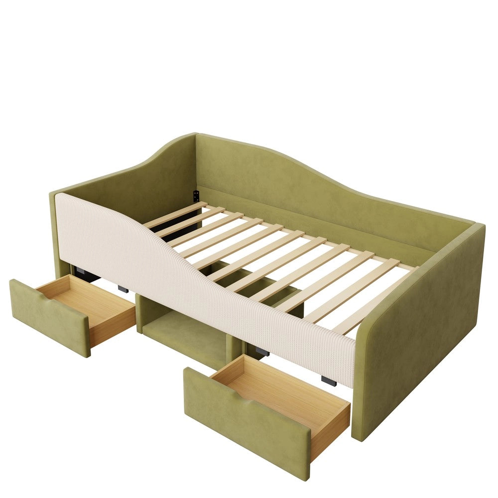 Letto Imbottito con Cassetti ¨C MINIMAL ¨C Velluto Verde Scuro e Bianco 90x190