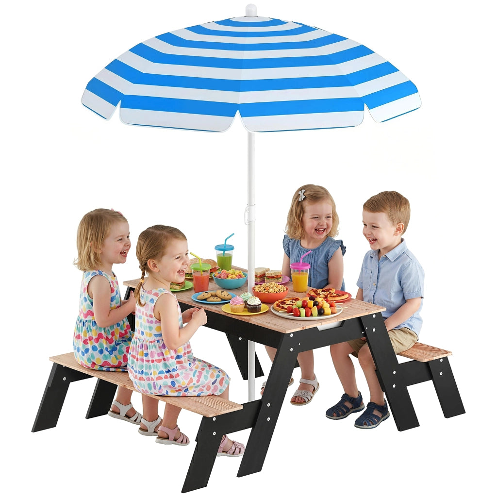Tavolo da pranzo per bambini con sedie e ombrellone ¨C Minimal ¨C Legno naturale 90x90x50