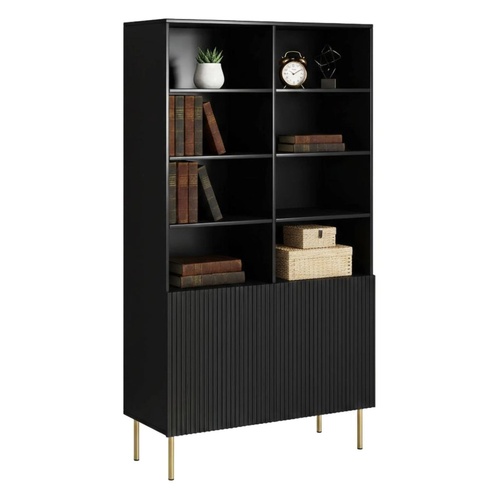 Libreria Estarreja, Mobile portalibri con vani aperti e due ante, Rialzato da terra, 100x42 h177 cm, Nero