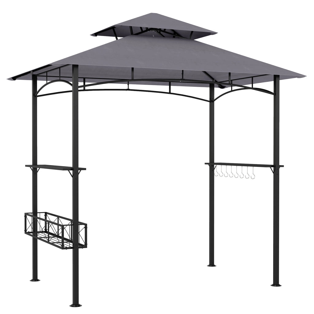Gazebo per barbecue con cestino portaoggetti 2 ripiani e 8 ganci protezione solare, Gazebo da giardino a 2 livelli Grigio