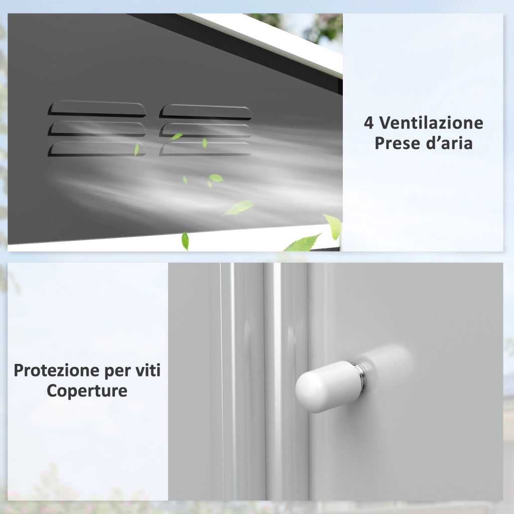 Casetta da Giardino 2.3x1.7 m in Acciaio con Prese d'Aria e Doppia Porta Scorrevole, Grigio Scuro