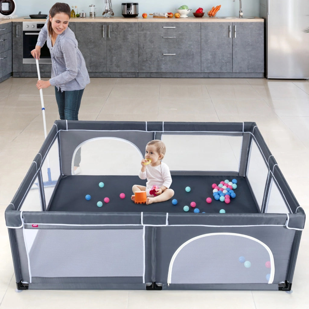 Box per bambini con cancelli di sicurezza per interno, Centro attivit¨¤ portatile 206x185,5x68cm Grigio scuro-Cancelletti di sicurezza