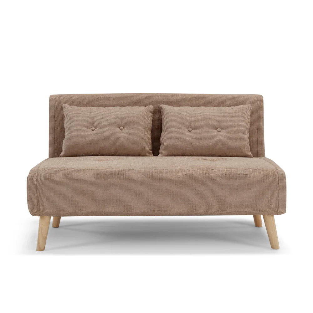 Divano pronto letto modello GENOVA, 2 cuscini, massima imbottitura, piedi di legno, design adatto per ambienti classici e moderni, colore Tortora