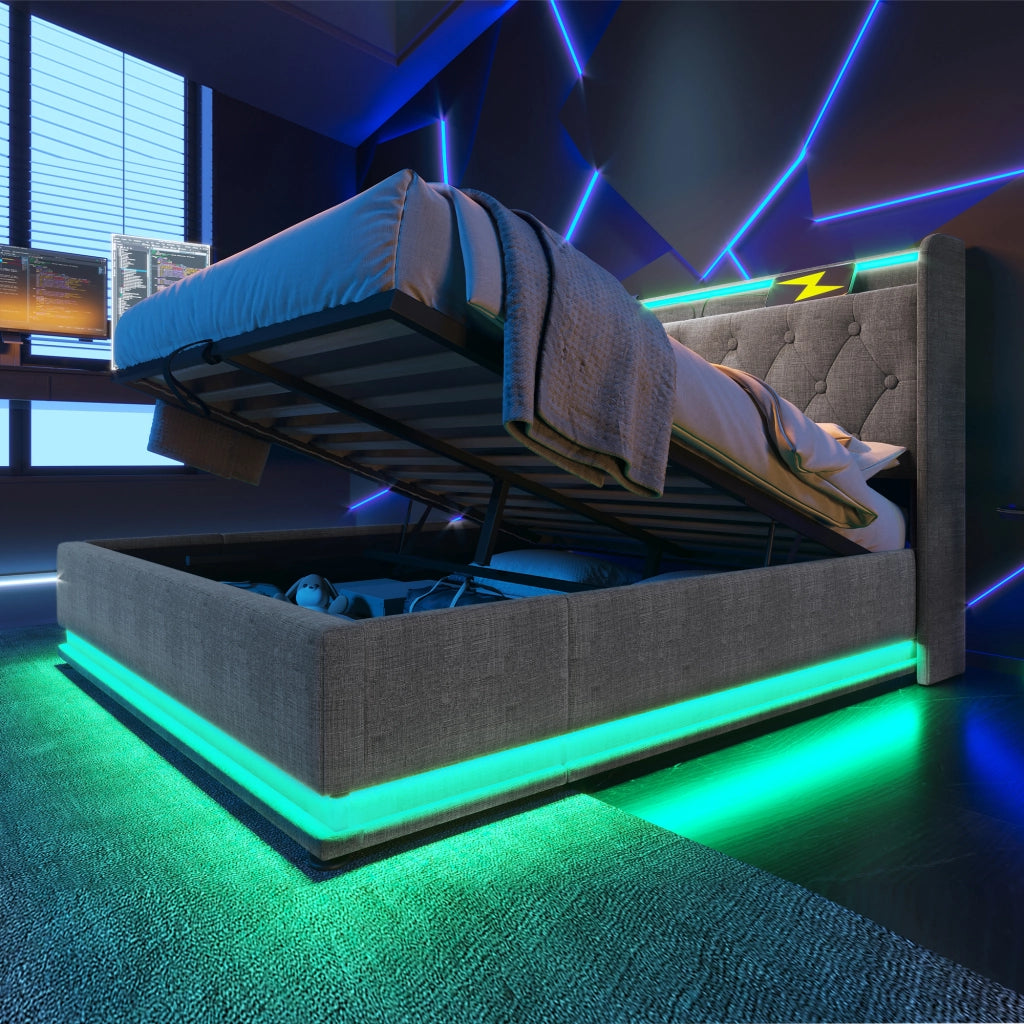 Letto matrimoniale di 140x200cm in lino grigio con 360 LED telecomando sistema di stoccaggio idraulico e porta USB Type-C senza materasso