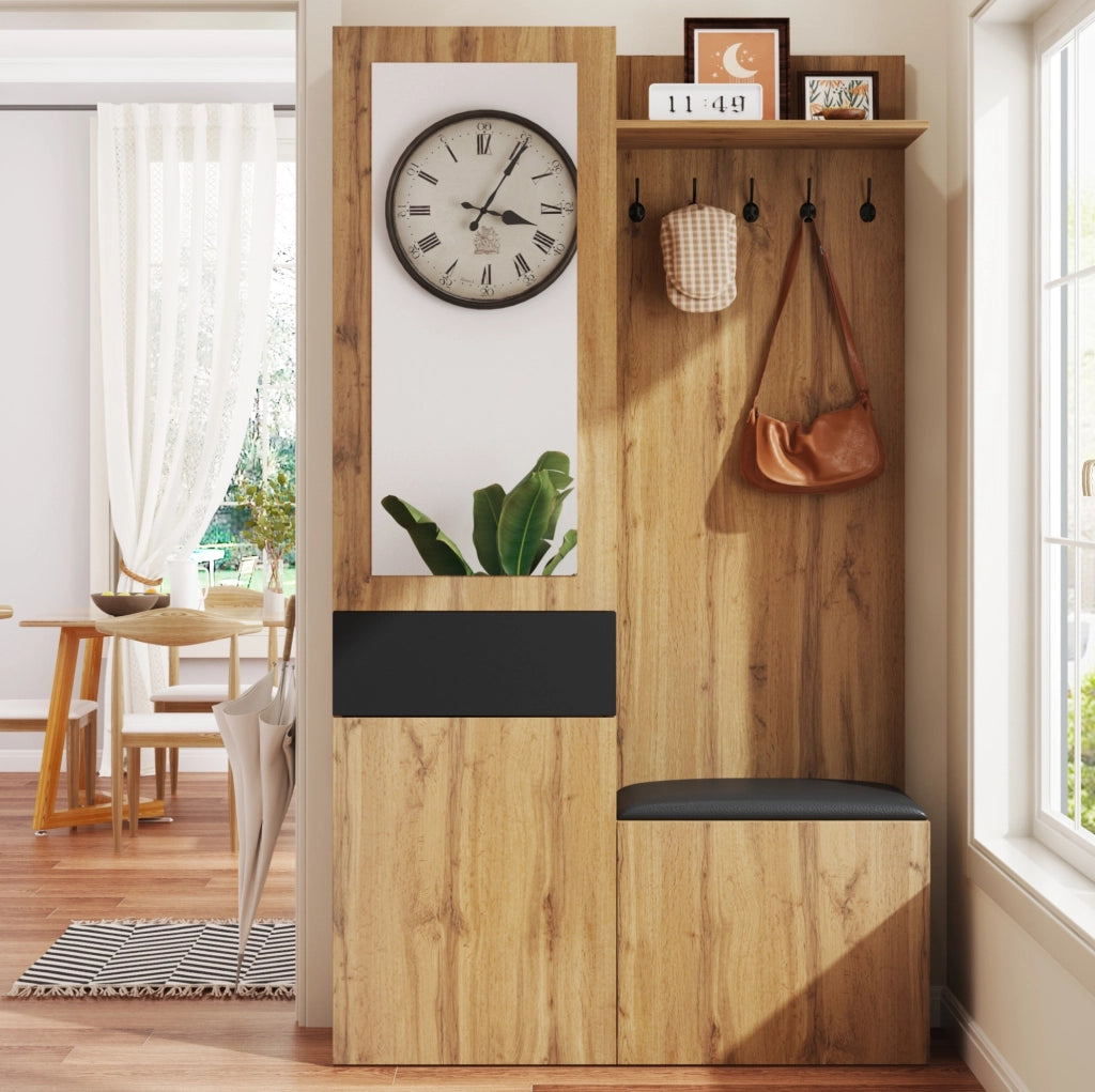 Set guardaroba da ingresso con specchio e 5 ganci; contenitore multifunzione in MDF nero e naturale
