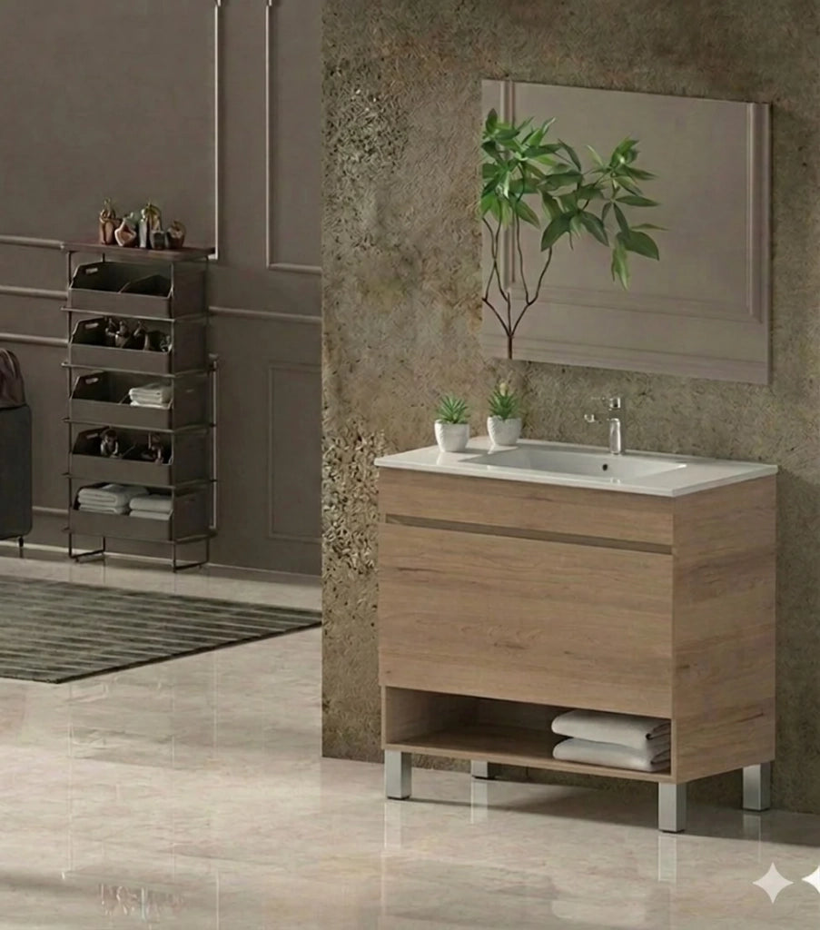 Mobile Bagno NEBARI com gambe Già Montato 1 cassetto, lavabo e specchio Estepa 100x40 cm
