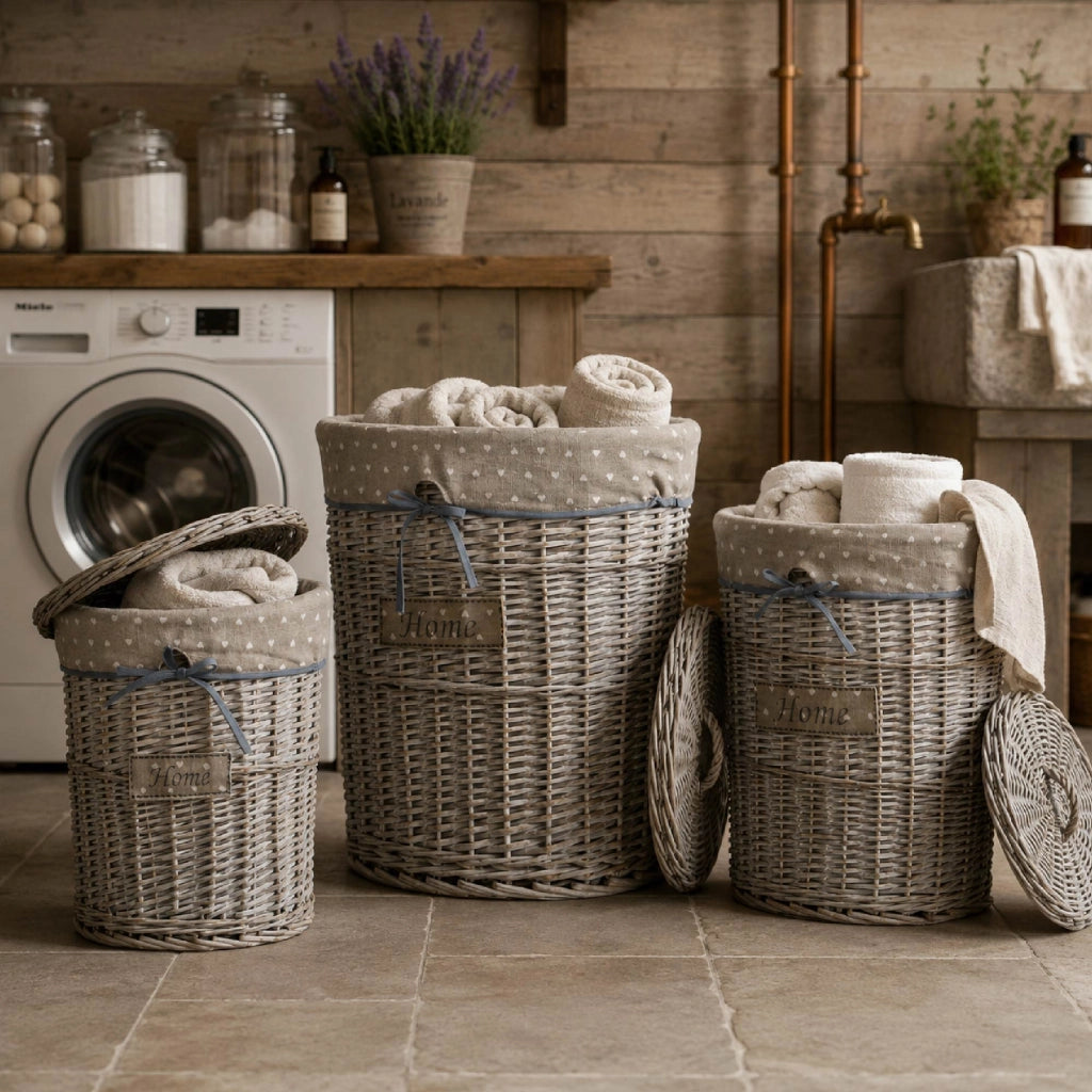 Set 3/5 Pezzi Ceste Portabiancheria in Vimini con Coperchio e Fodera Interna in Tessuto, Contenitori Multiuso per Bucato, Bagno, Lavanderia e Camera da Letto, Design Shabby Chic   3 Ceste QuincyTipo5