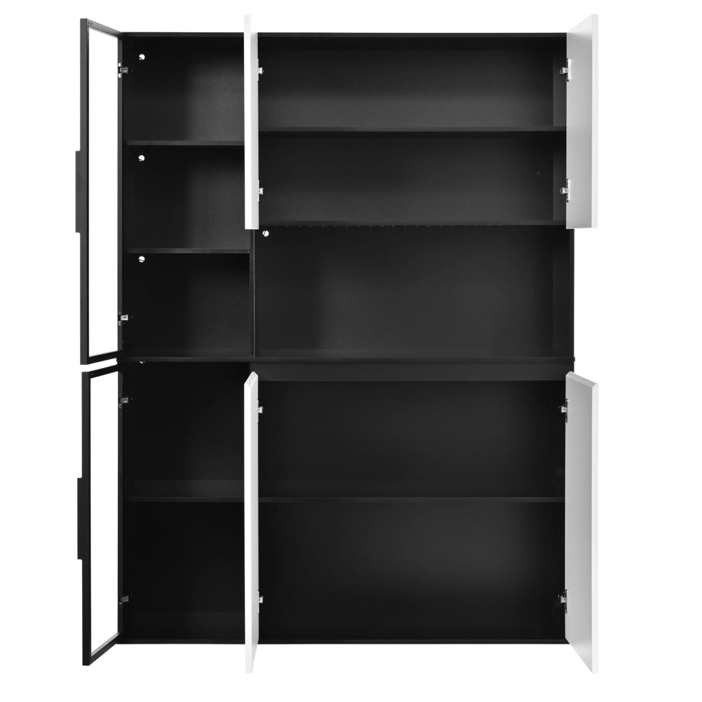 Vetrina, credenza, ante in vetro, luci a LED, MDF, bianco e nero