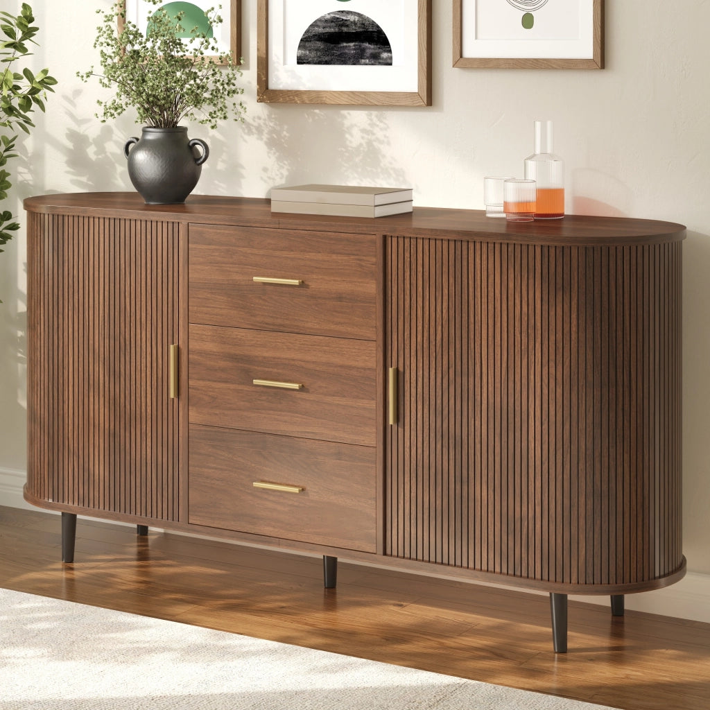 Credenza da sala da pranzo, mobile da ingresso, 3 cassetti, ante scorrevoli, piedini in metallo, color noce