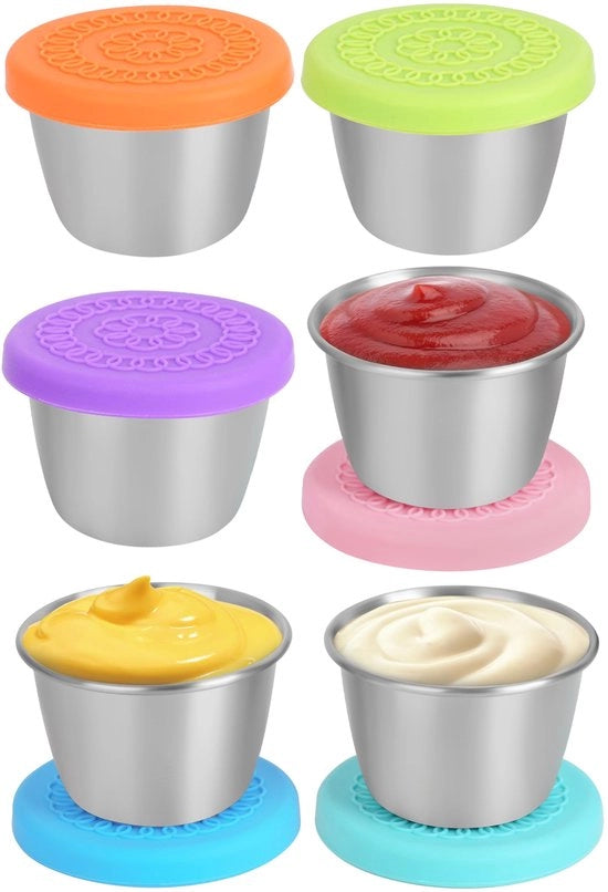 Insalata 60 ml contenitori per salse (6-pack) - Piccoli contenitori in acciaio inossidabile di alta qualità per salse, dips, bento, scatole da pranzo e preparazione pasti - Contenitori per salse ermetici con coperchi in silicone