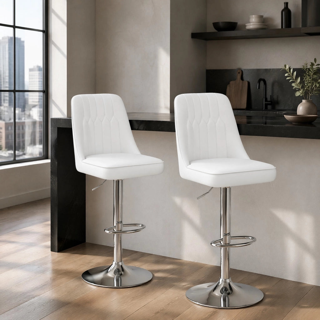 Sgabello da bar regolabile in altezza, set da 2, girevole 360°, in PU bianco e metallo argento, per isola cucina e bancone