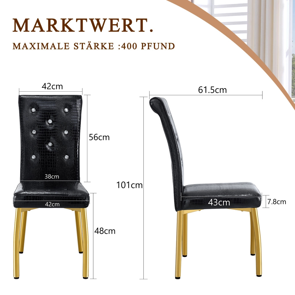 Sedia da Pranzo Set da 4 con Schienale Imbottito, Gambe in Metallo Dorato, in PVC Nero e Oro