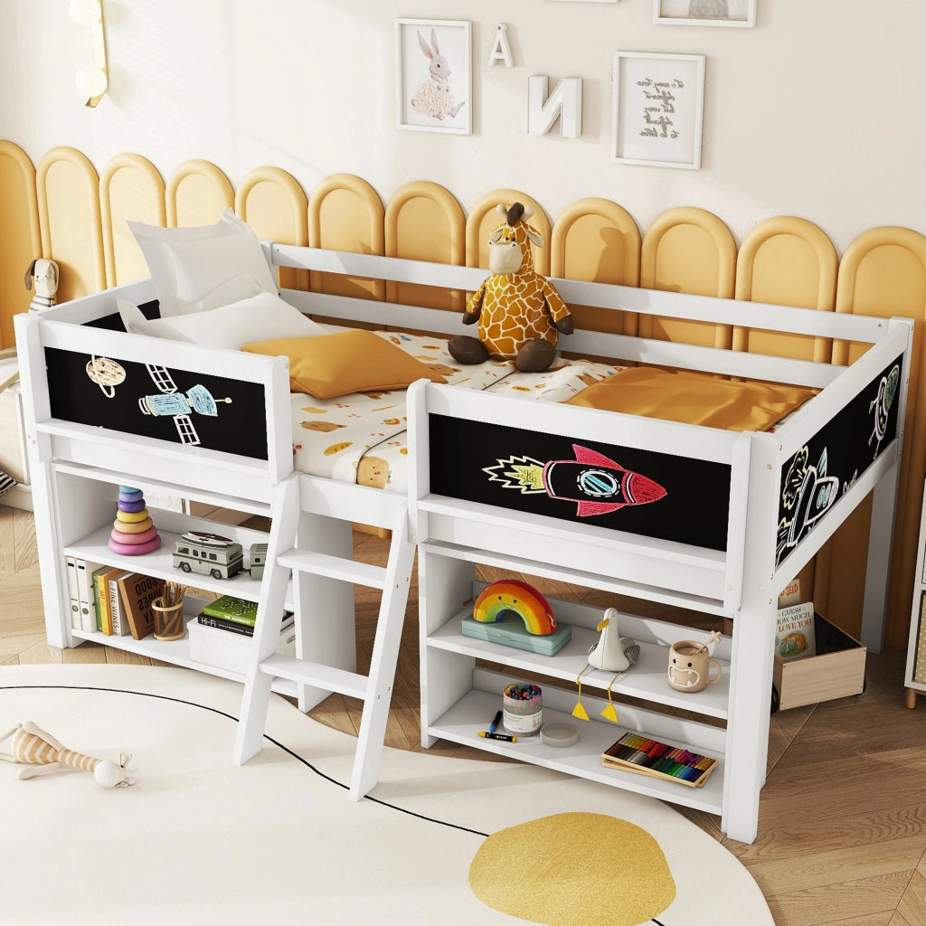 LETTO Semialto 90x200 cm Bianco con scala e vani contenitori