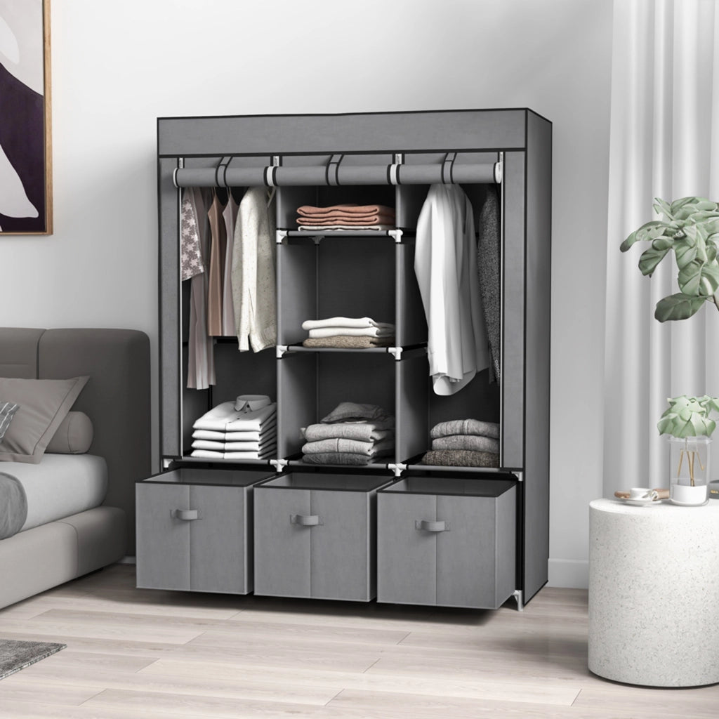 Armadio in Tessuto Pieghevole con Cassetti e Ante Avvolgibili con Zip, 125x43x162.5cm, Grigio Scuro