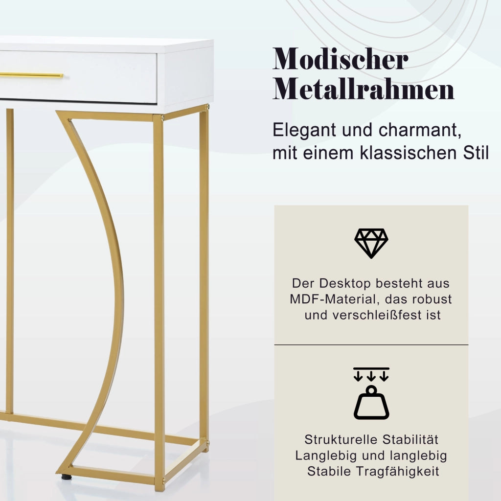 Consolle, tavolino da ingresso con 2 cassetti, tavolino laterale leggero ed elegante, tavolino da divano, 110x32x85 cm, bianco/oro