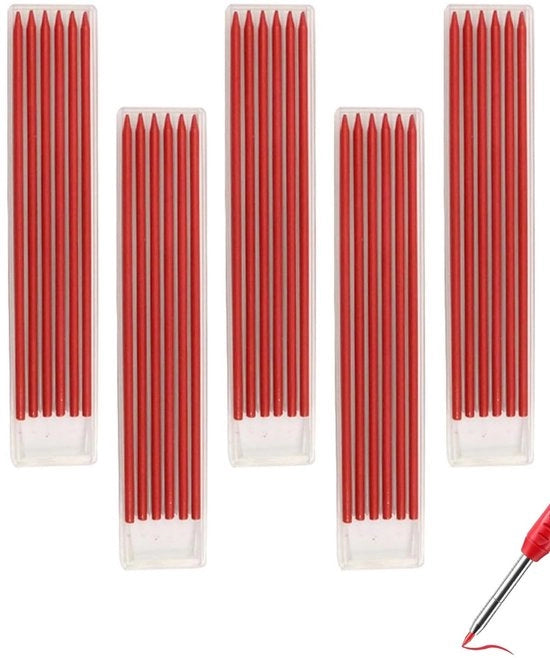 Timmermanspotloden 2,8 mm - 30 pezzi - Fili rossi - Impermeabili - Grafite di alta qualità - Marcature precise - Fili di grafite per matite