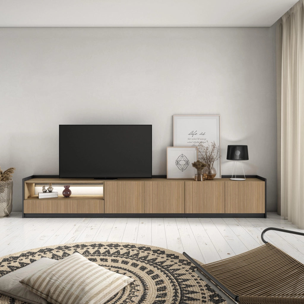 Mobile TV Soggiorno, 310x50x37 cm, Per TV fino a 80", Led, Rovere e nero