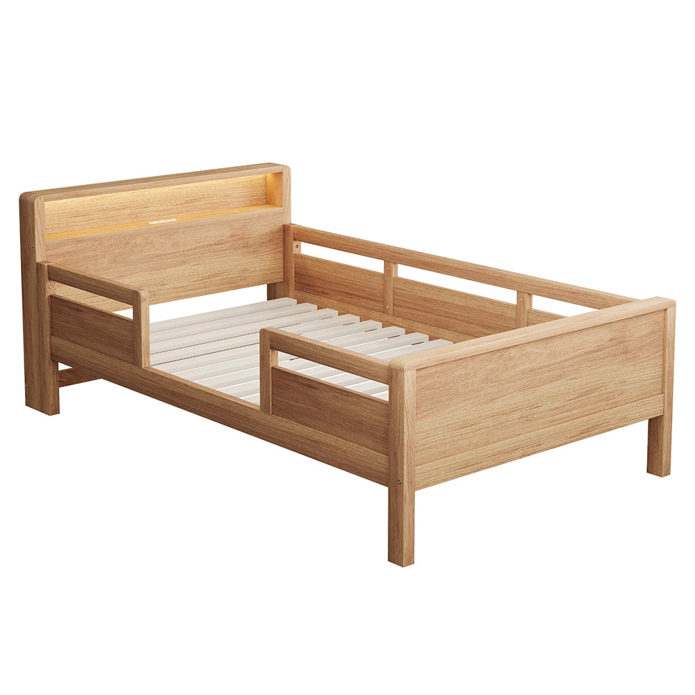 Letto bambino-Xylo-90x200 cm-USB-C, LED, testiera contenitore, legno pino