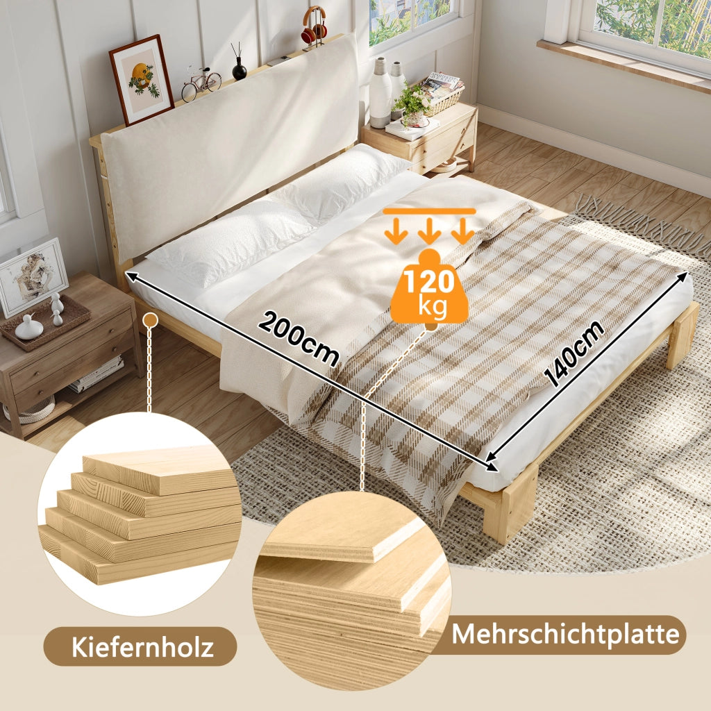 DESMIU Letto matrimoniale 2 posti con testiera imbottita, doghe stabili e gambe larghe, 140 × 200 cm, senza materasso