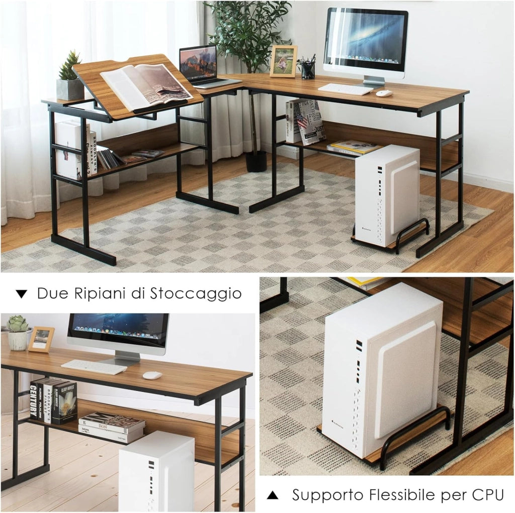 Scrivania Angolare 170 CM, Scrivania per Computer ad Angolo Moderna con Piano Inclinabile, Scaffale Inferiore e Supporto per CPU, Scrivania a Forma di L per Ufficio e Studio (Noce)