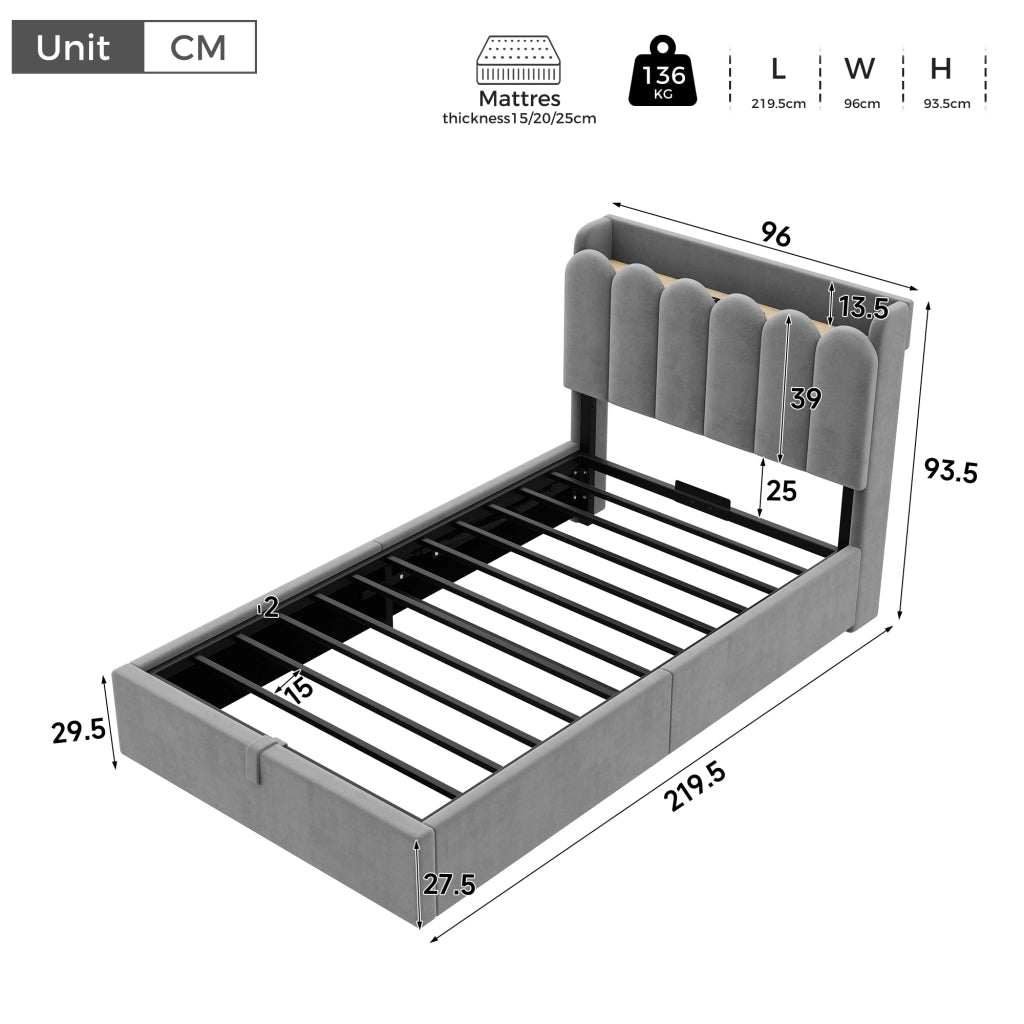 LETTO Contenitore 90x200 cm in velluto grigio con rete a doghe, USB e luce
