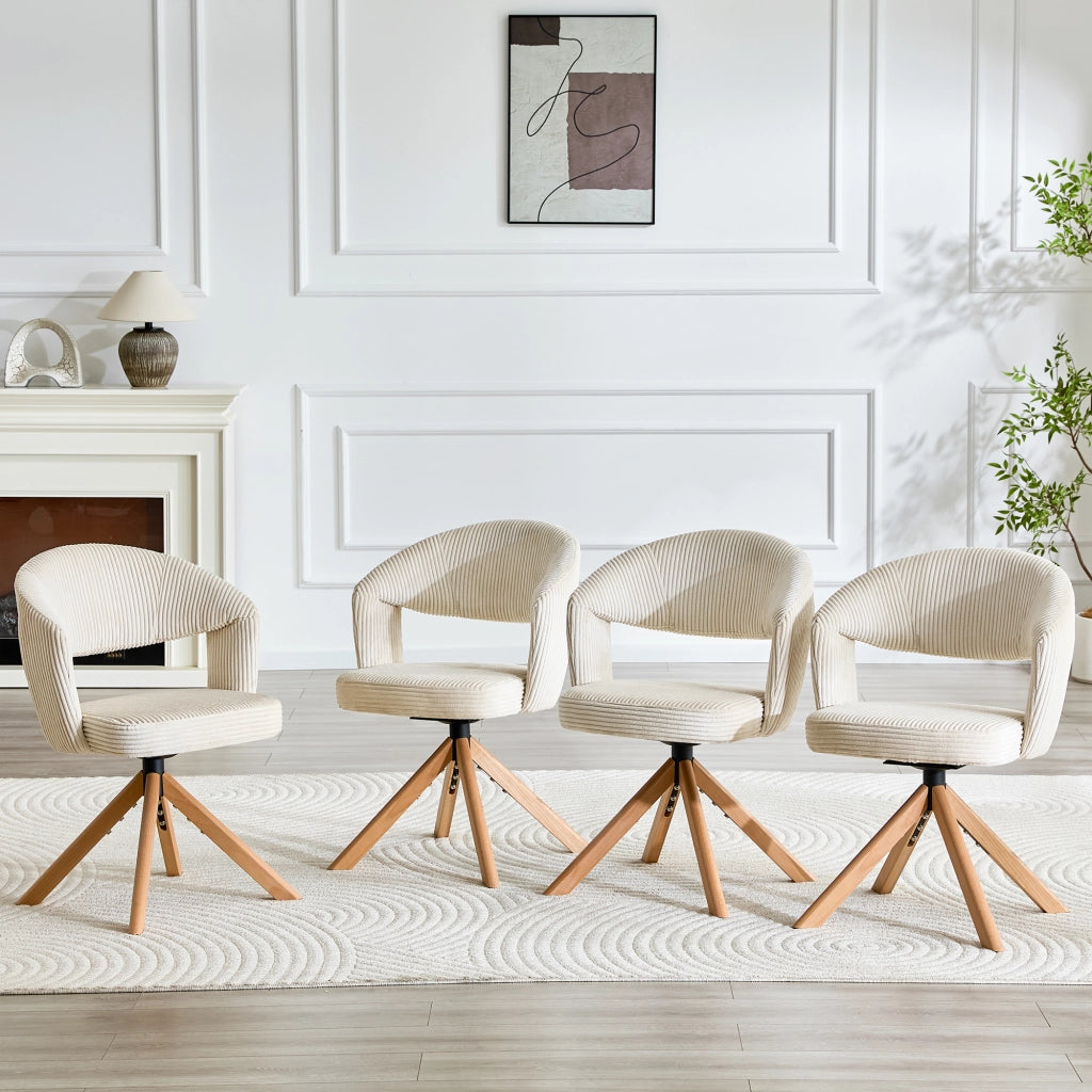 Set 2 Sedie Girevoli Retro ¨C MINIMAL ¨C Velluto a Coste Crema, Gambe in Legno Massello, Schienale Curvo
