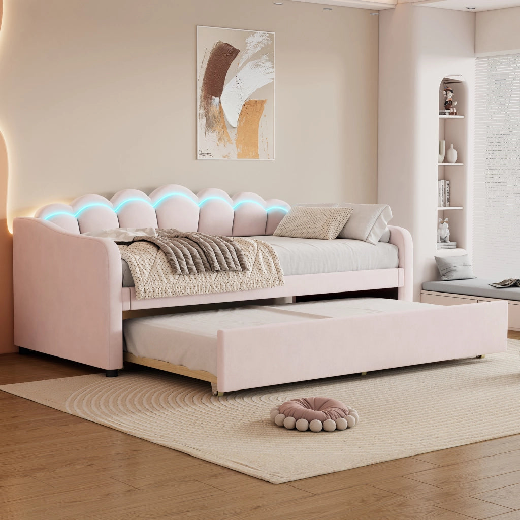 OKWISH Letto a Scomparsa 90×200 cm, Letto Singolo con Letto Estraibile, LED Regolabile e Telecomando, senza Materasso, Velluto, Rosa