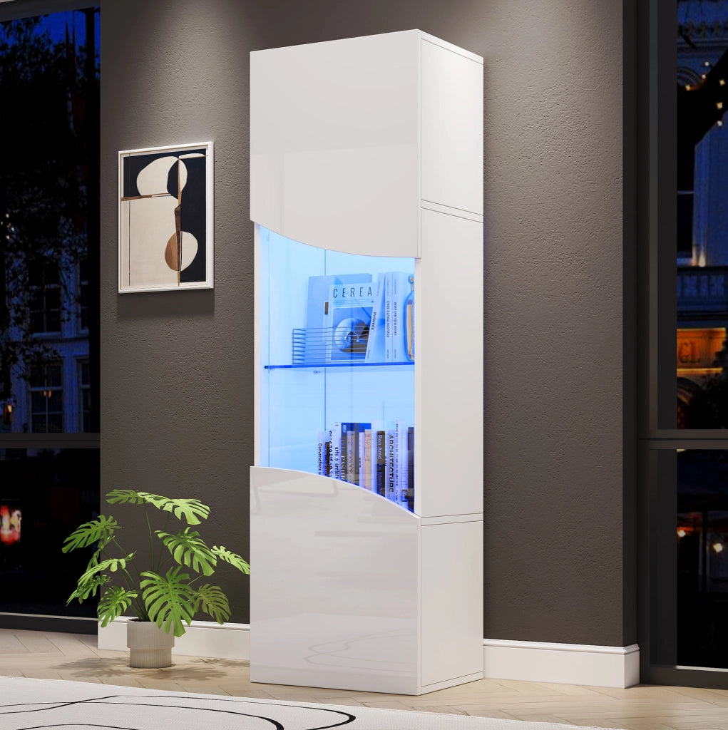 Vetrina 35x50x165 cm con illuminazione LED e 4 ripiani in legno e vetro bianco