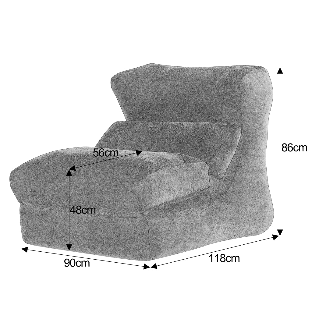 Poltrona componibile senza struttura in foam grigio, design moderno e uso versatile per soggiorno e camera da letto