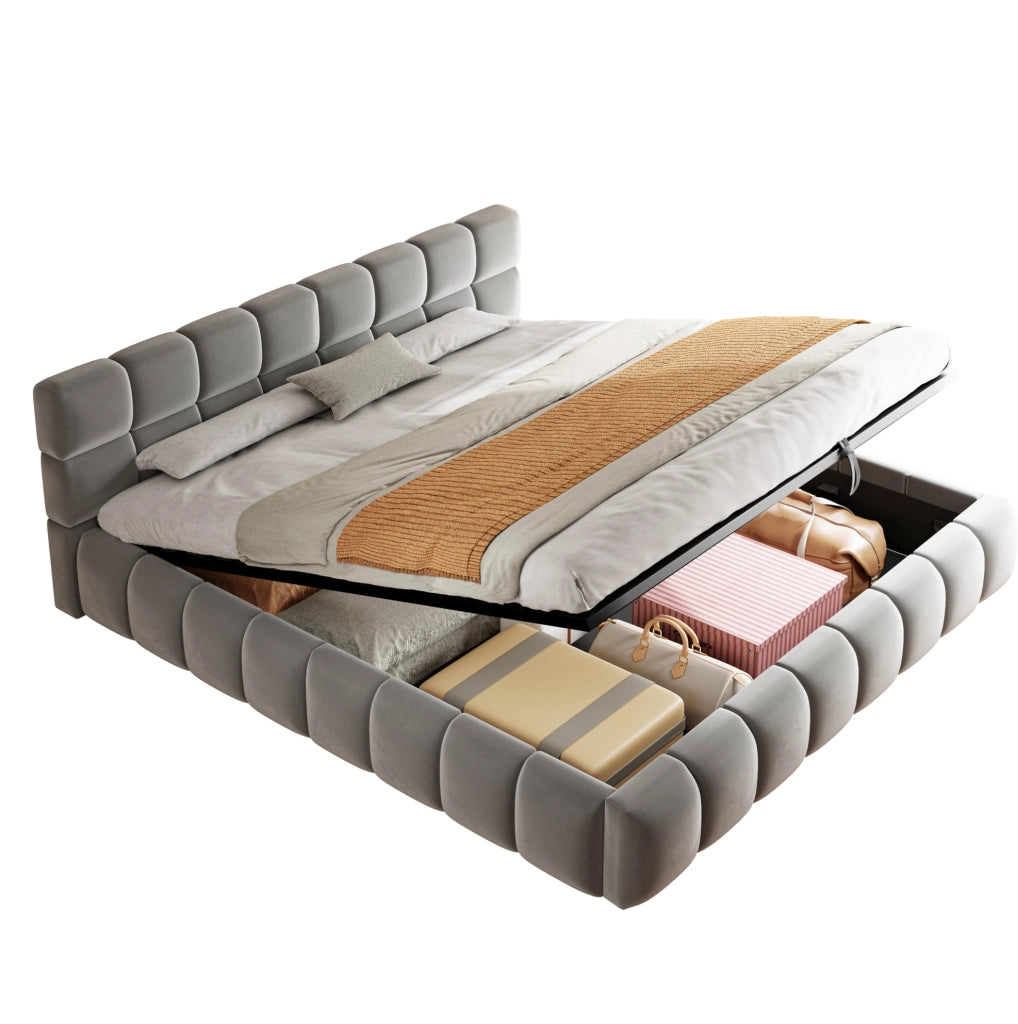 Letto contenitore imbottito 180x200 cm in velluto grigio con LED