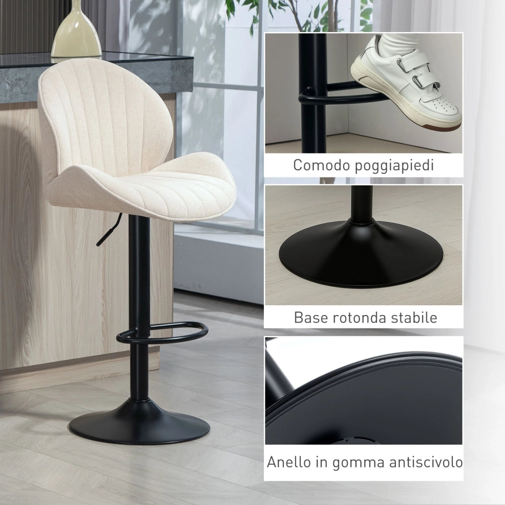 Set 2 Sgabelli da Bar con Schienale a Conchiglia 48x50x94-115 cm in Tessuto Effetto Ciniglia Nero e Beige