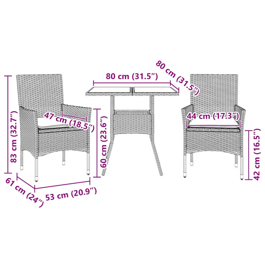 Set da Pranzo da Giardino 3 pz con Cuscini Polyrattan e Vetro