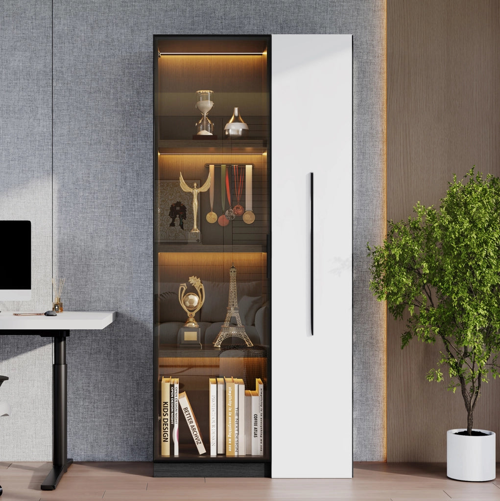 Vetrina 70x40x160 cm con illuminazione LED e ripiano laterale in MDF nero e bianco