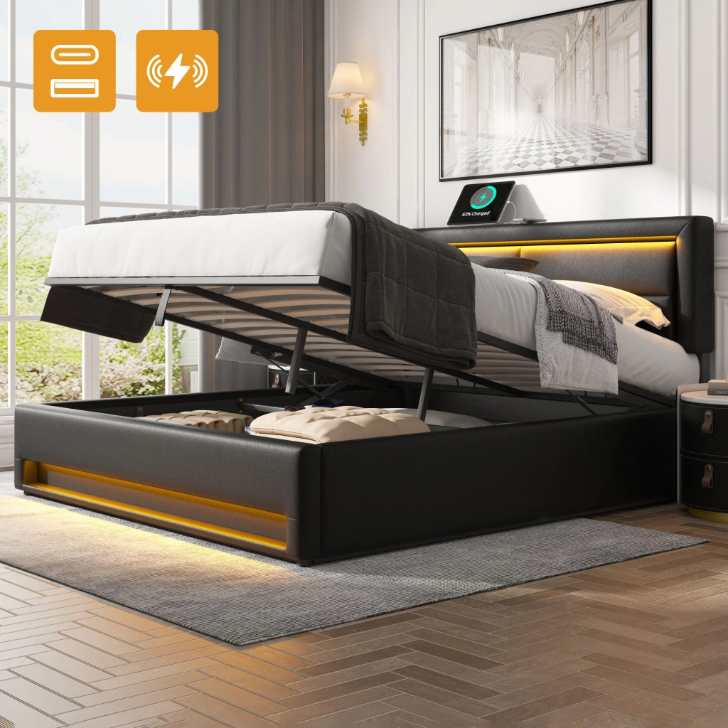 Letto imbottito in PU 140x190cm Lychee nero con porta USB ricarica wireless illuminazione LED e spazio di stoccaggio senza materasso
