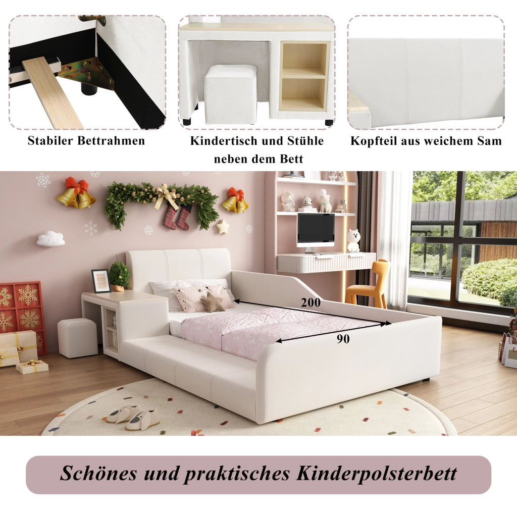 LETTO singolo 90x200 cm in velluto bianco con scrivania e sgabello