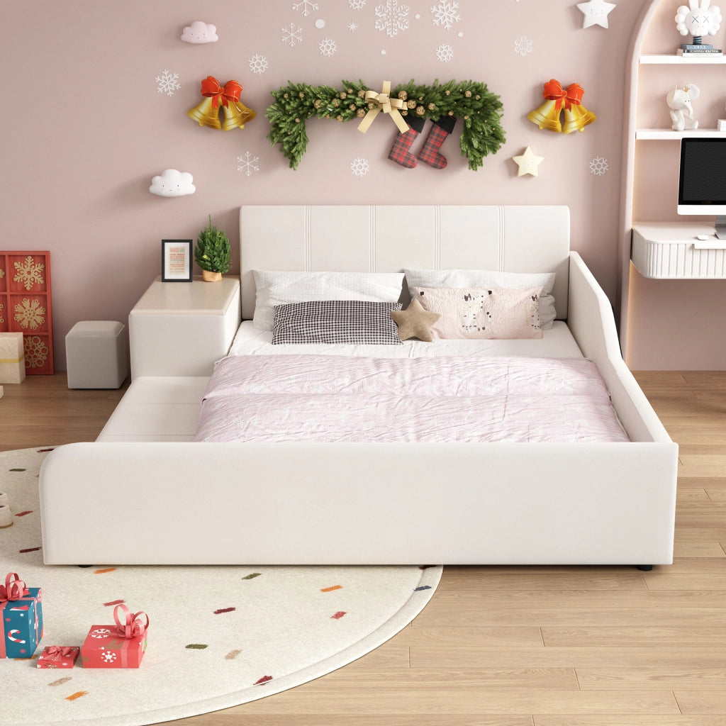 LETTO 140x200 cm in velluto bianco con scrivania, sgabello e ripiano