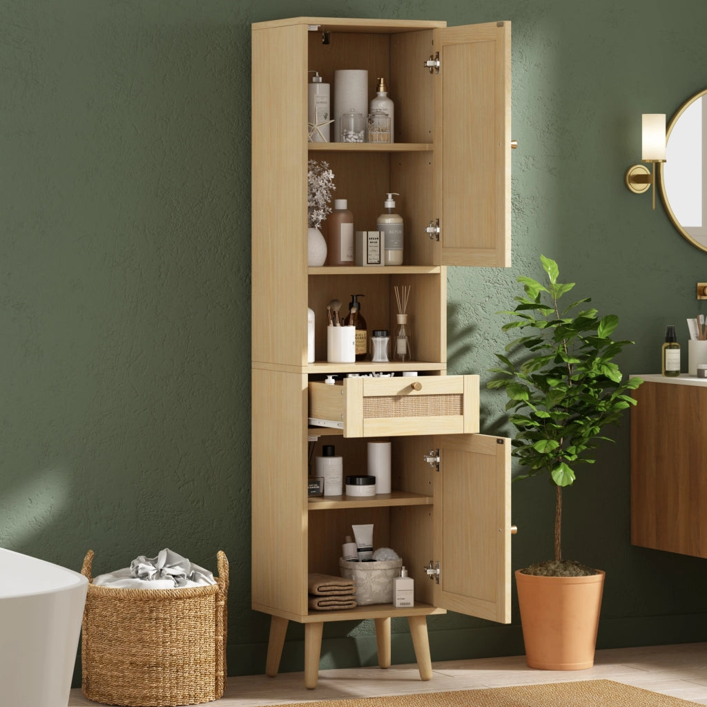 Mobile da bagno alto con 2 ante reversibili e 1 cassetto - per bagno - in MDF - 40x30x166 cm - naturale