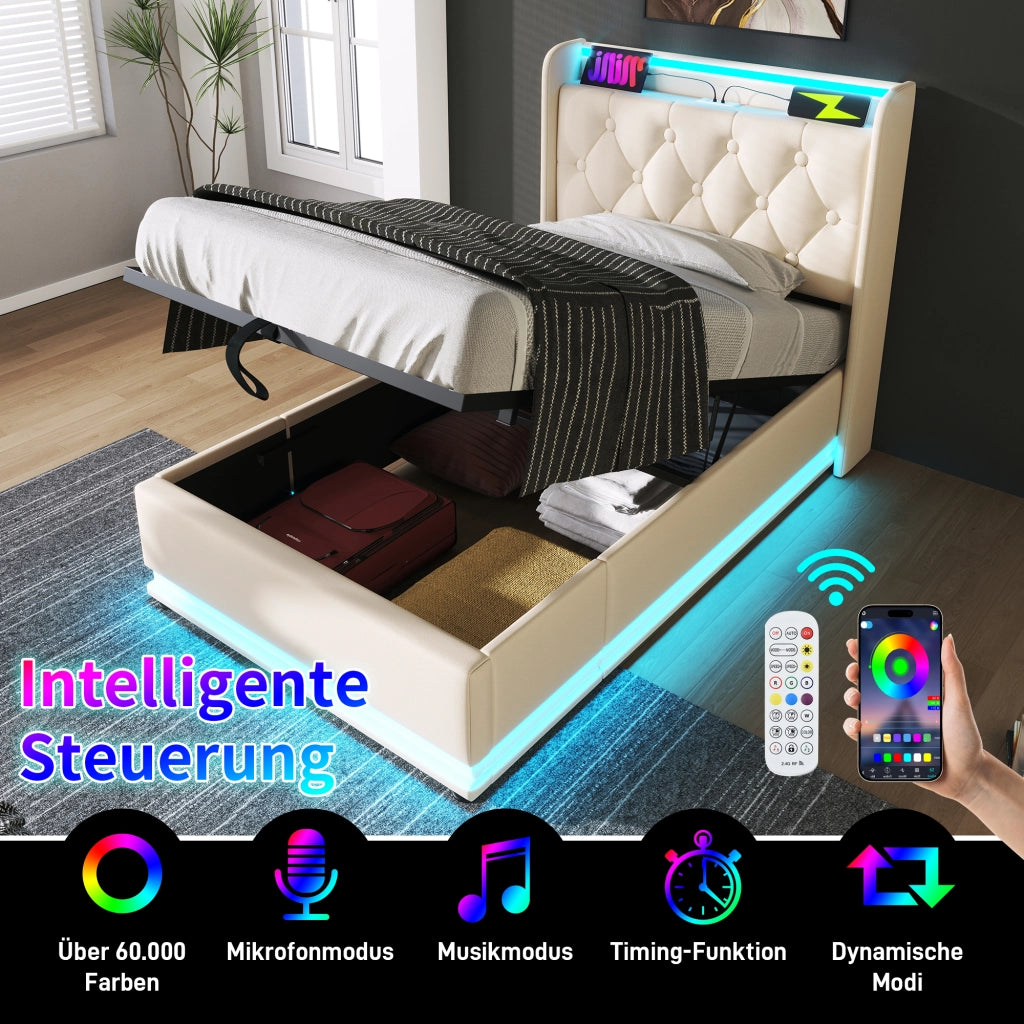 Letto singolo imbottito con LED a 360°; contenitore idraulico; testiera con porta USB/Tipo-C; PU bianco; 90x200 cm; materasso incluso